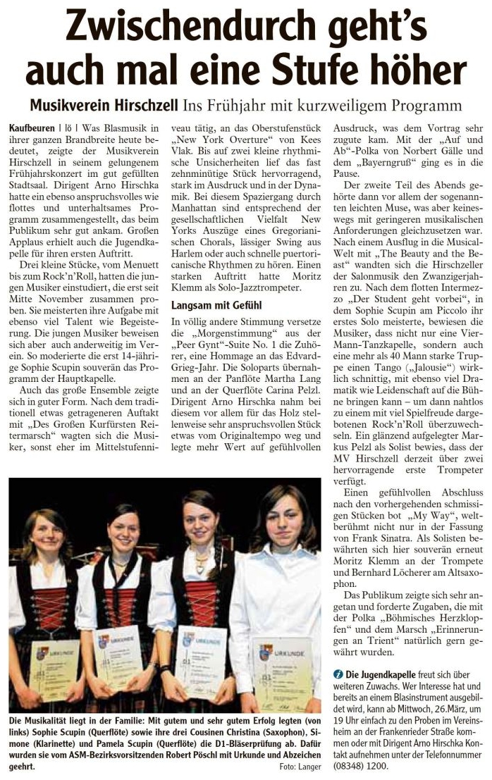 Pressebericht - Frühjahrskonzert 2008 im Stadtsaal, Kaufbeuren - Musikverein Hirschzell, Kaufbeuren