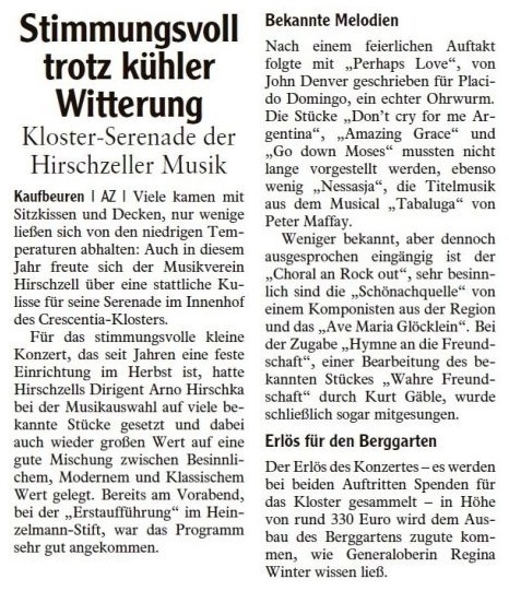 Pressebericht - Serenade 2008 im Crescentiakloster, Kaufbeuren - Musikverein Hirschzell, Kaufbeuren